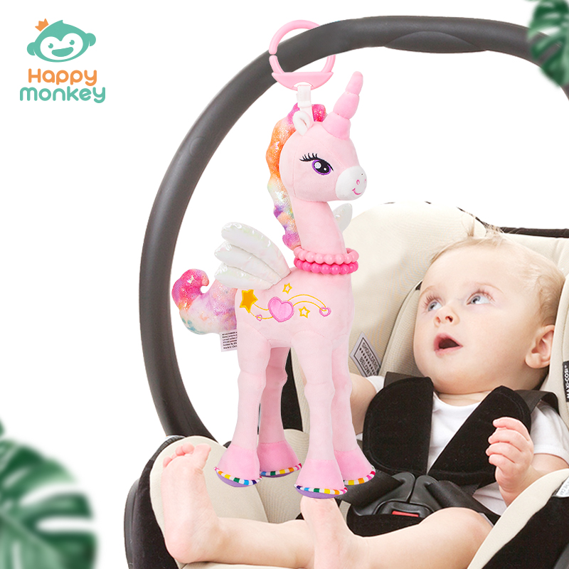 Happy monkey 嬰兒玩具0-3歲粉色馬車掛床掛搖鈴安撫毛絨寶寶玩具